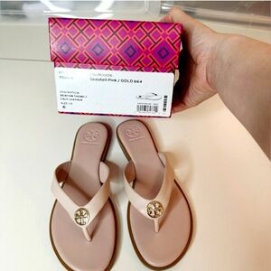 TORY BURCH Designer Benton Seashell Pink Leather Sandals Thong Flip Flops Sz 6.5